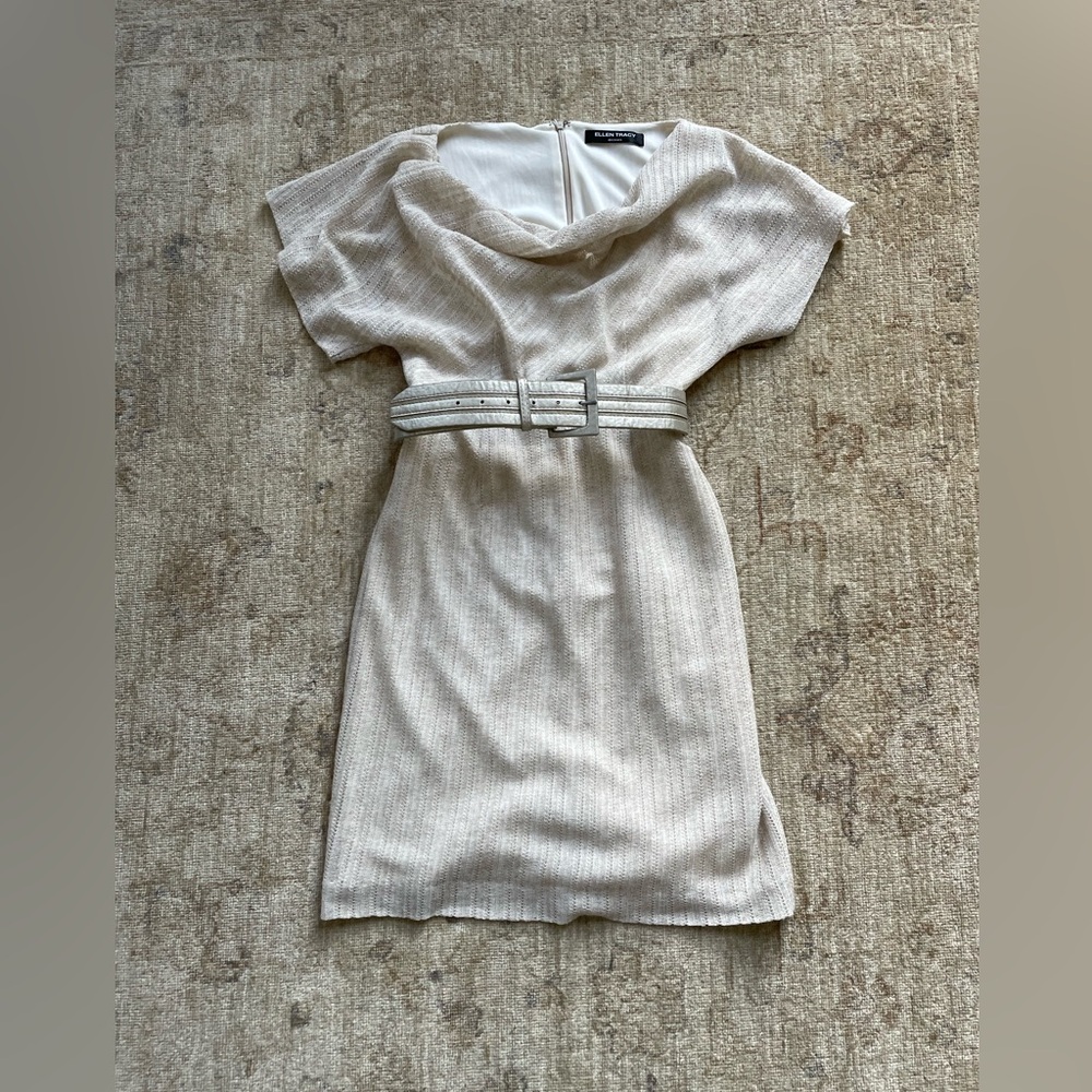Ellen Tracy Cream Cowl-Neck Knit Midi Dress with Belt